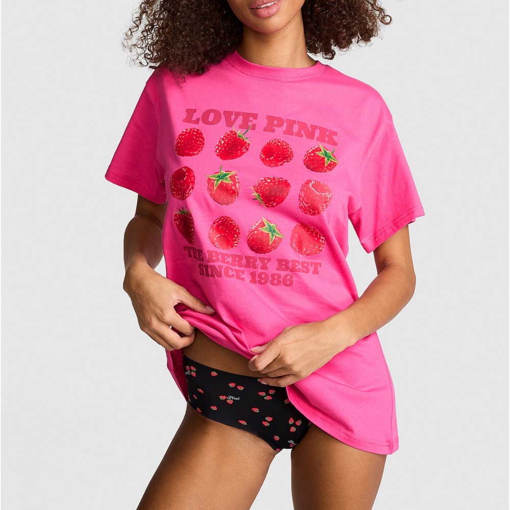 PINK Victoria's Secret Hot Pink 'Love Pink' Strawberry Graphic Tee